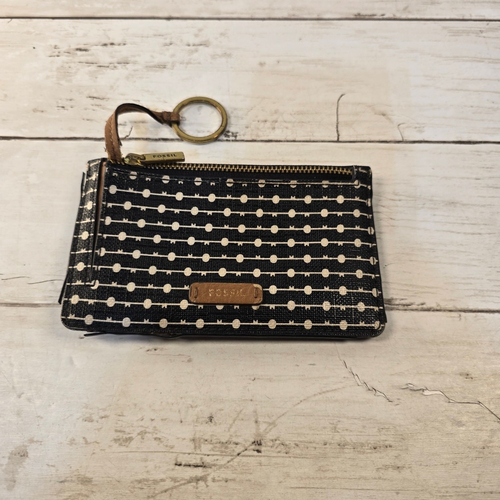Fossil Key Print Zip Card Case Wallet Black White ID Window Key Ring